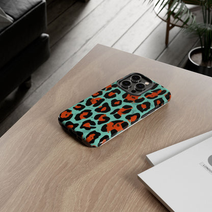Leopard Print Tough Phone Case — Teal & Rust Protective iPhone Cover