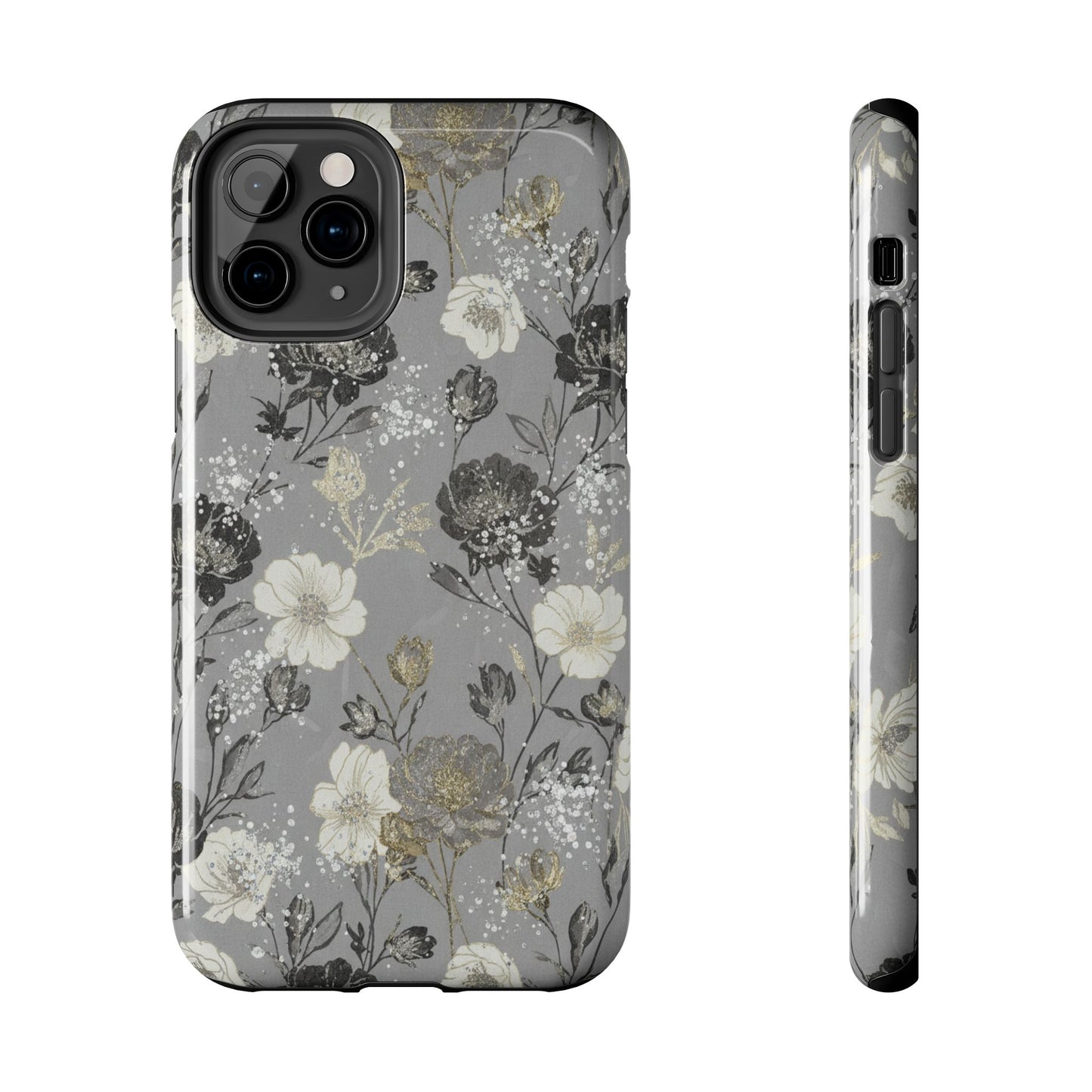 Floral Gray Tough Phone Case — Elegant Protective Phone Cover with Gold Accent