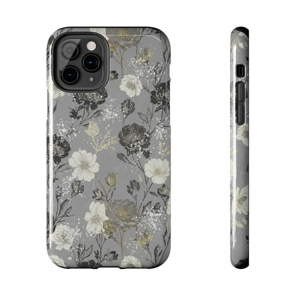 Floral Gray Tough Phone Case — Elegant Protective Phone Cover with Gold Accent