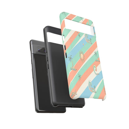 Retro Beach Stripes Phone Case — Sun, Waves & Palm Pattern Tough Case