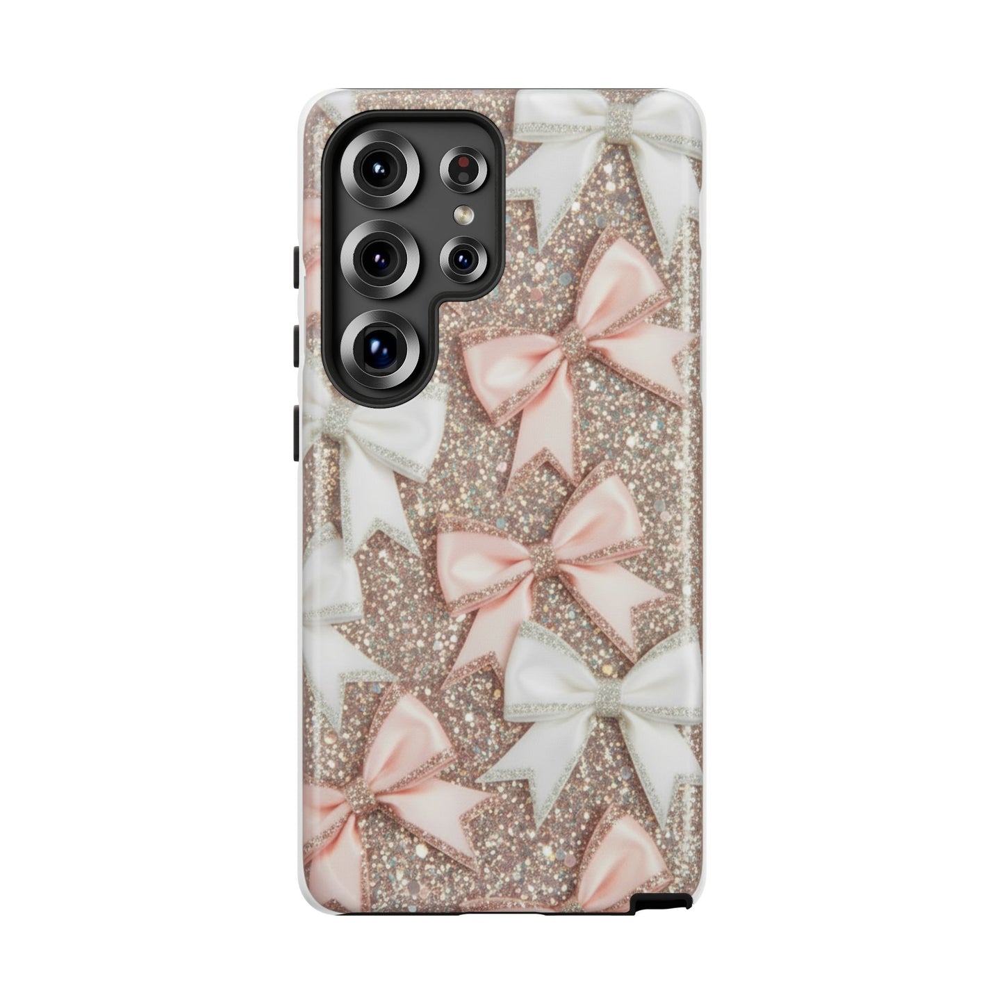 Glitter Bow Tough Phone Case — Pink & White Ribbon Protective Cover