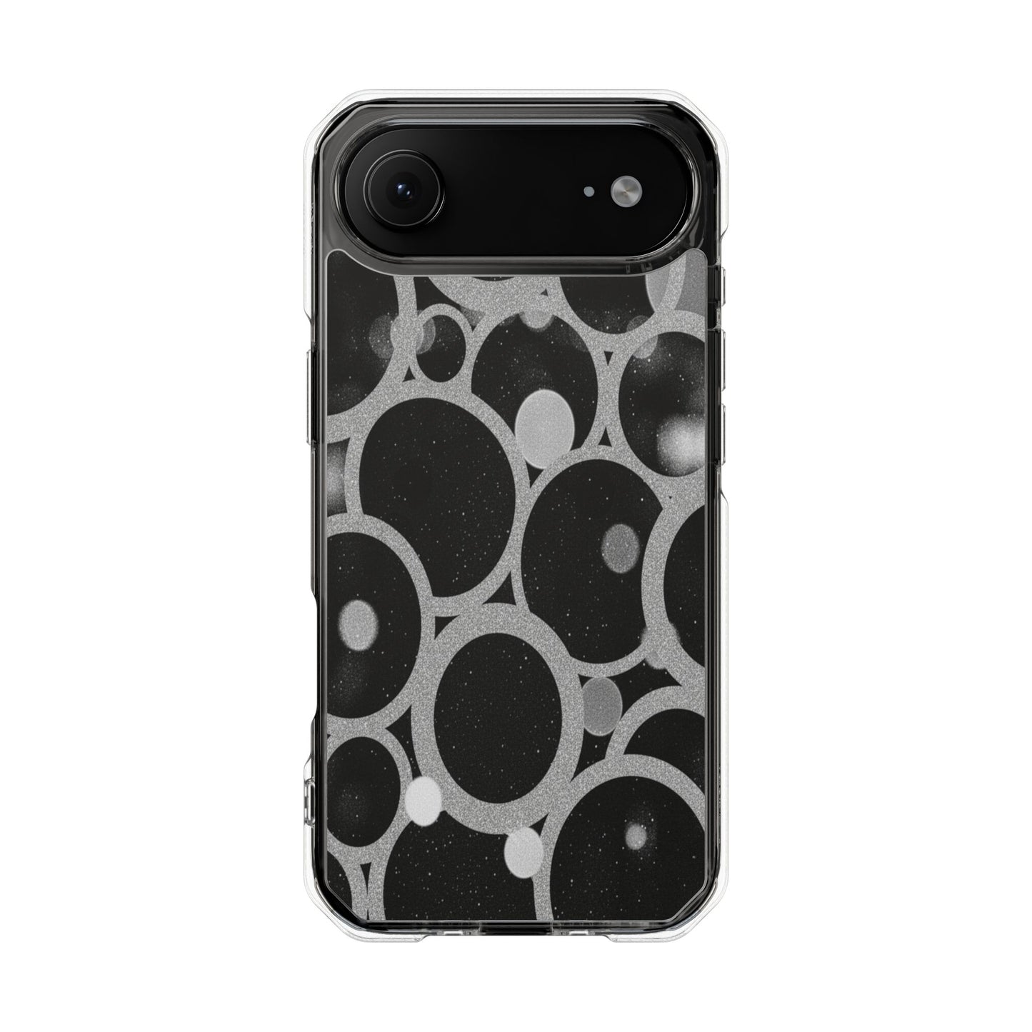 Magnetic Clear Phone Case — Abstract Black & Gray Bubble Design, Impact-Resistant