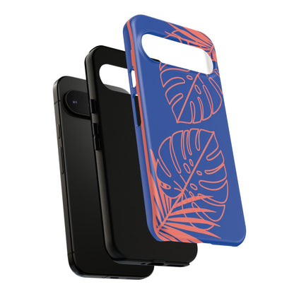 Tropical Monstera Phone Case — Blue & Coral Leaf Protective Cover