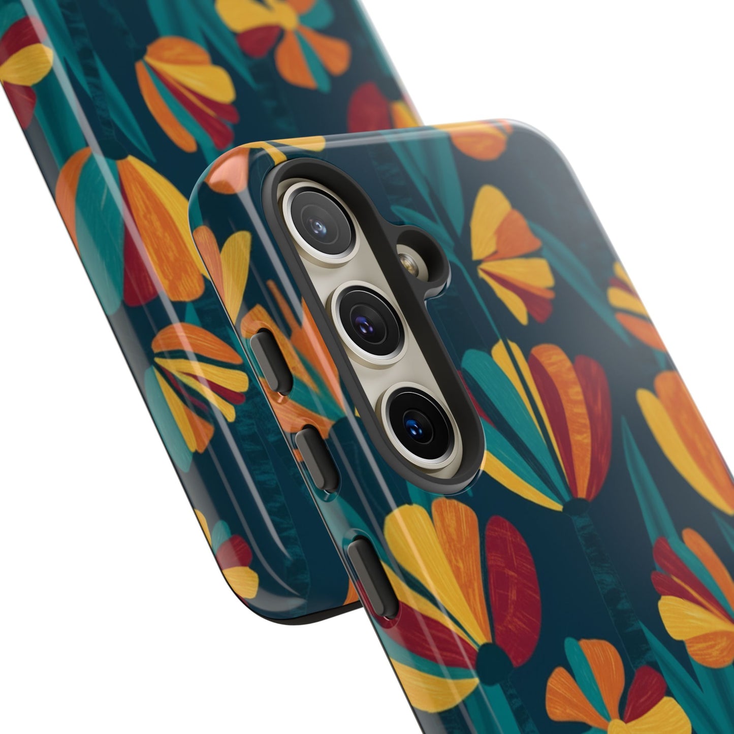 Floral Retro Teal Tough Phone Case — Vibrant Orange & Mustard Blooms