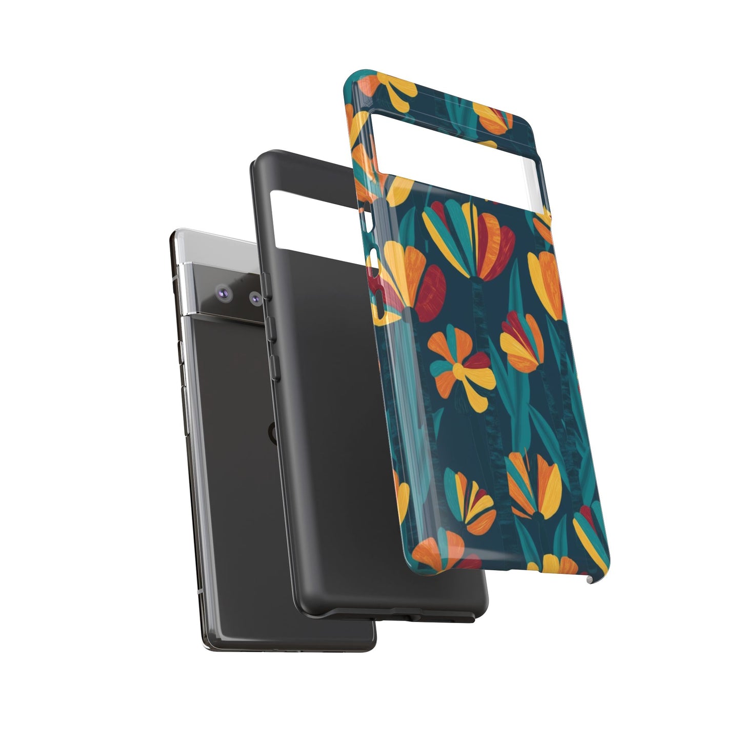 Floral Retro Teal Tough Phone Case — Vibrant Orange & Mustard Blooms