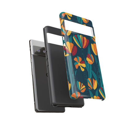 Floral Retro Teal Tough Phone Case — Vibrant Orange & Mustard Blooms