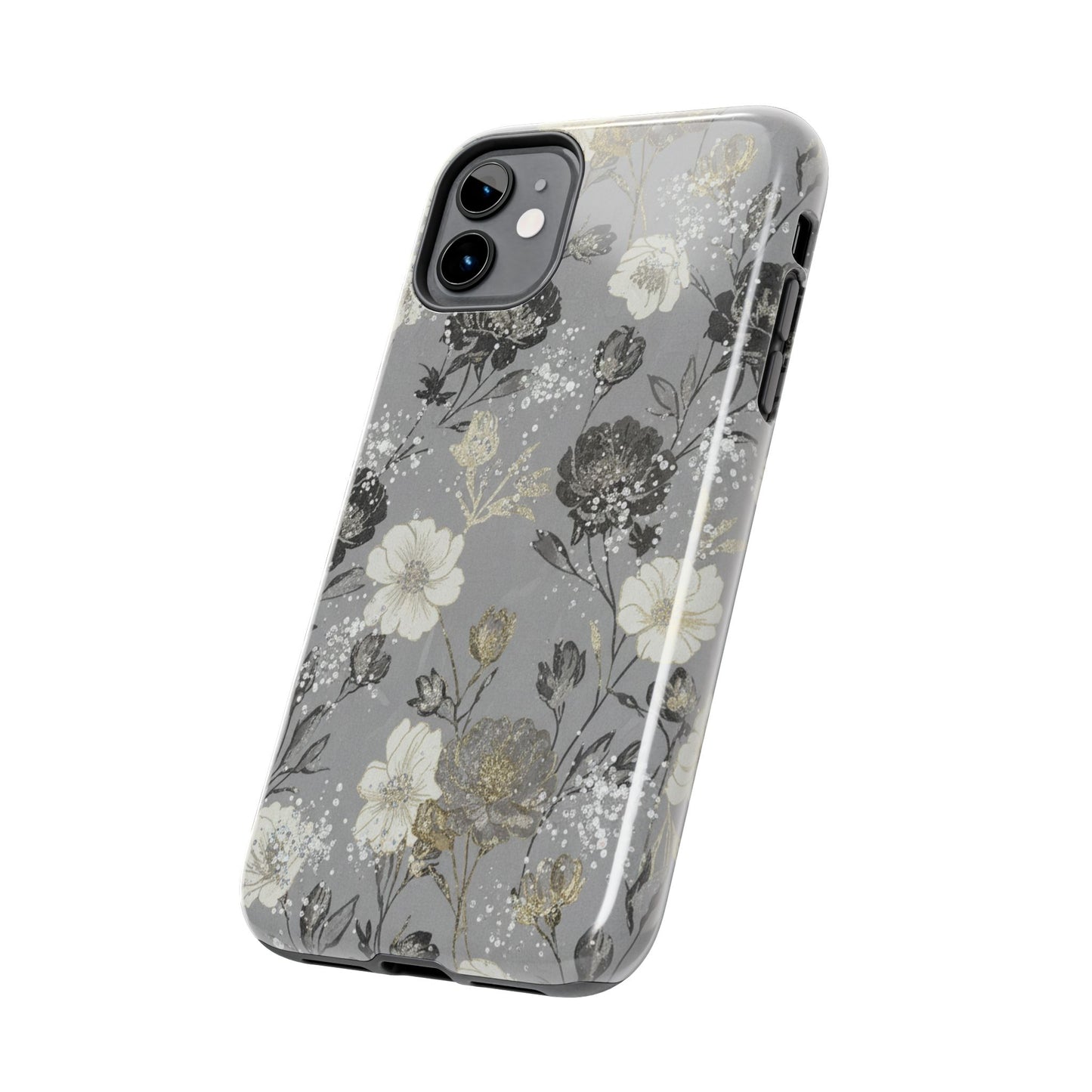 Floral Gray Tough Phone Case — Elegant Protective Phone Cover with Gold Accent