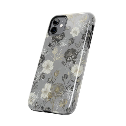 Floral Gray Tough Phone Case — Elegant Protective Phone Cover with Gold Accent