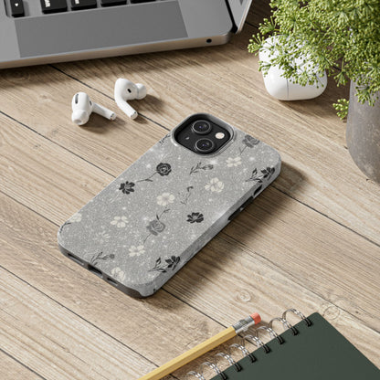 Floral Glitter Tough Phone Case — Black & Silver Vintage Flower Protective Cover
