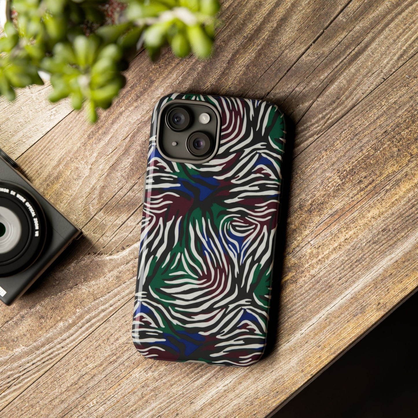 Zebra Camo Tough Phone Case – Green & Blue Animal Print Protective Cover