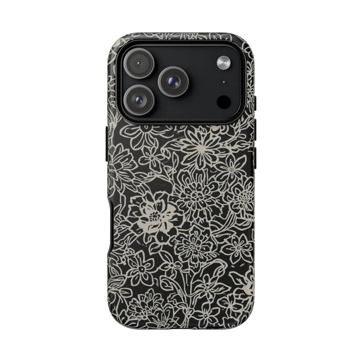 Floral Doodle Tough Phone Case — Black & White Sketch Flower Protective Cover