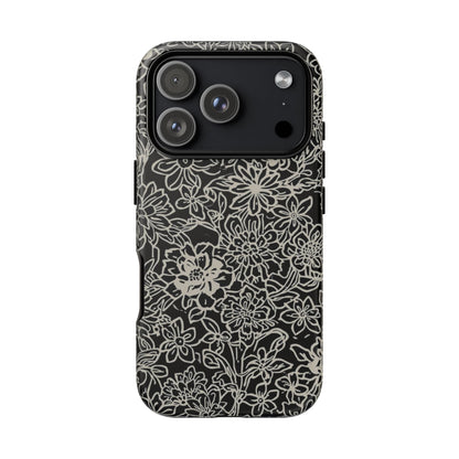 Floral Doodle Tough Phone Case — Black & White Sketch Flower Protective Cover