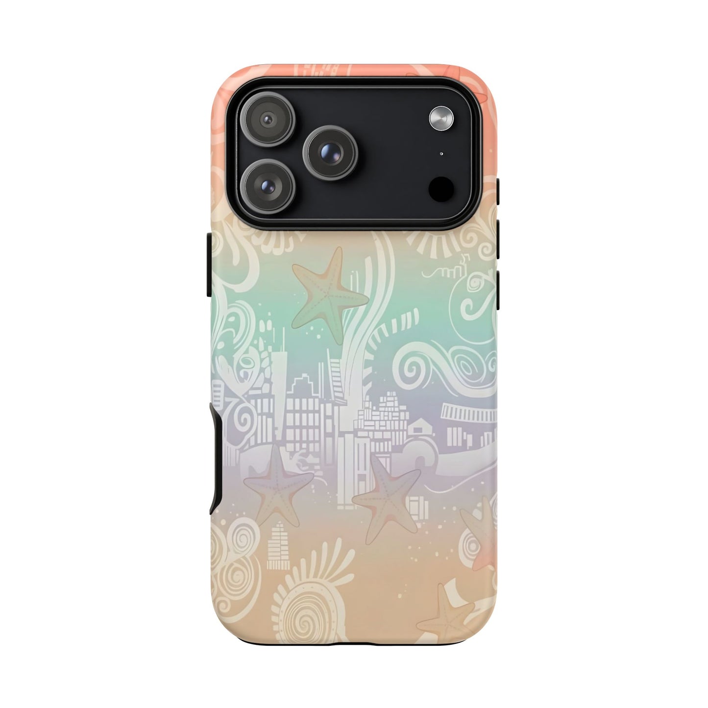 Tough Cases: Pastel Beach Pattern Phone Case — Starfish & Coastal Cityscape Protective Cover
