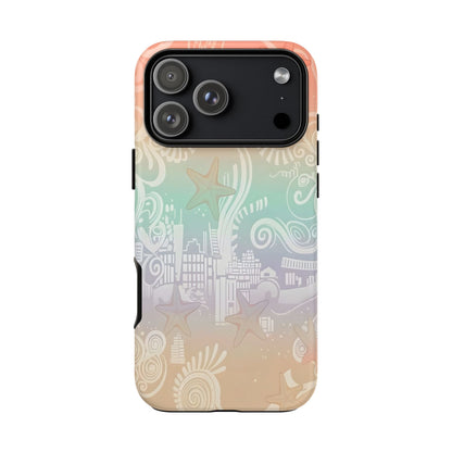 Tough Cases: Pastel Beach Pattern Phone Case — Starfish & Coastal Cityscape Protective Cover
