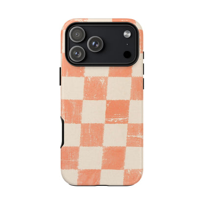 Peach Checkerboard Tough Phone Case — Retro Distressed Grid Design