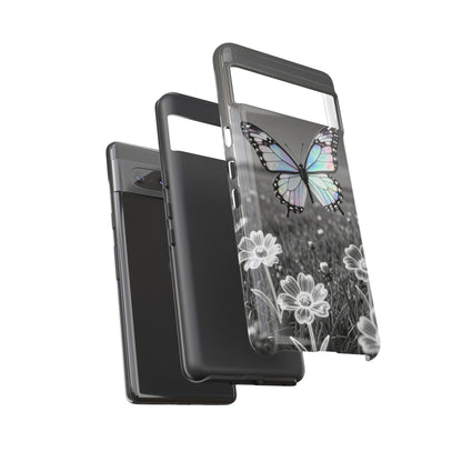 Butterfly Field Tough Phone Case — Pastel Holographic Butterfly on Black & White Floral Background