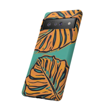 Tropical Leaf Tough Phone Case — Orange Monstera Design on Teal
