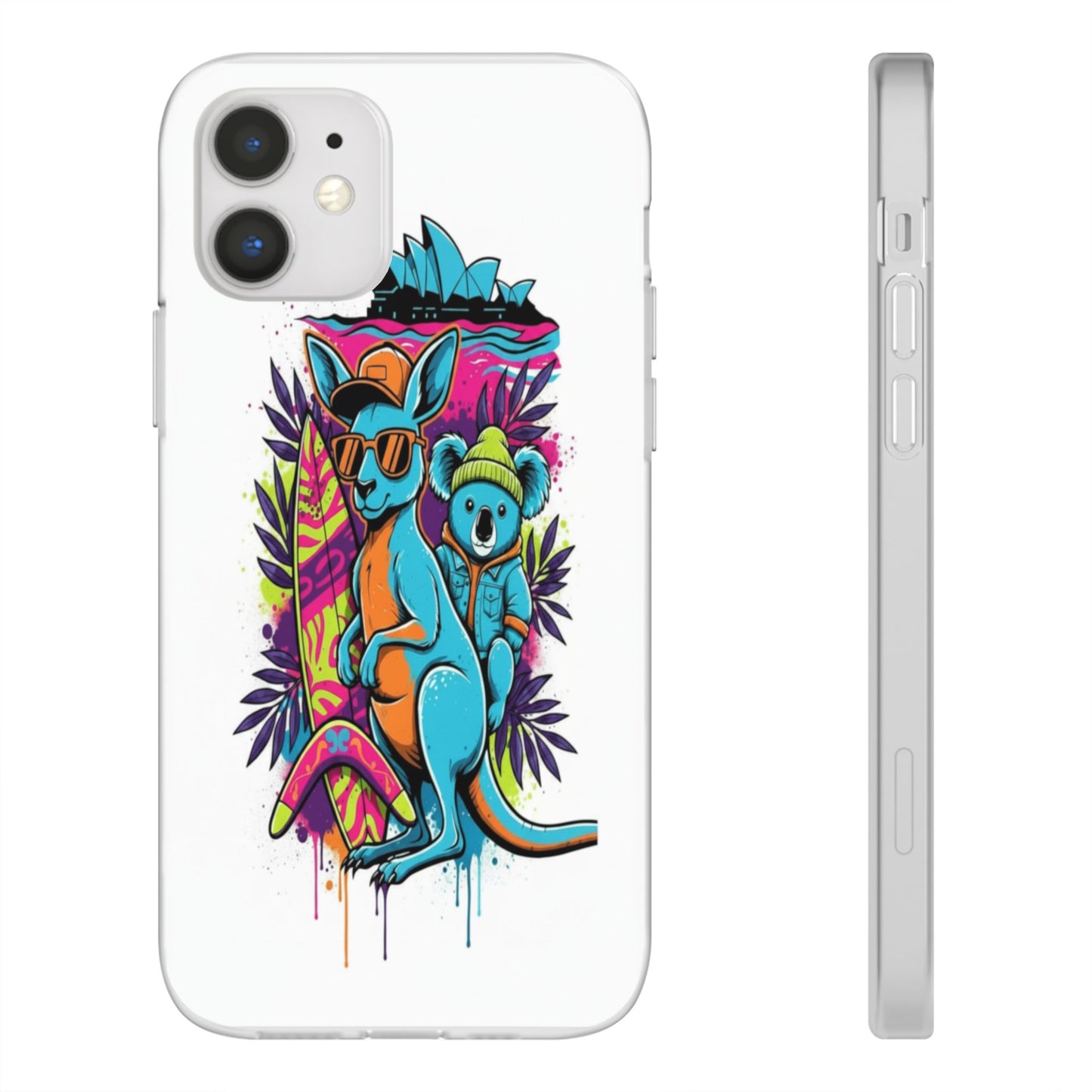 Kangaroo & Koala Surf Phone Case — Neon Aussie Beach Vibes Flexible Case