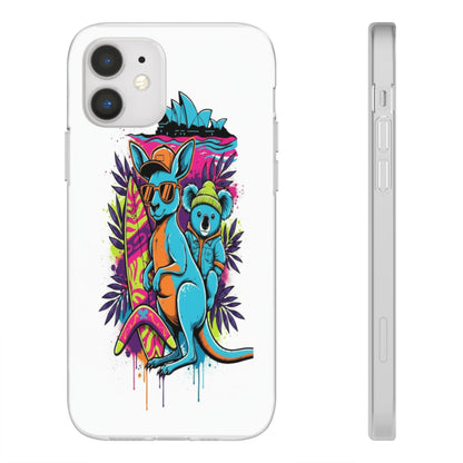 Kangaroo & Koala Surf Phone Case — Neon Aussie Beach Vibes Flexible Case