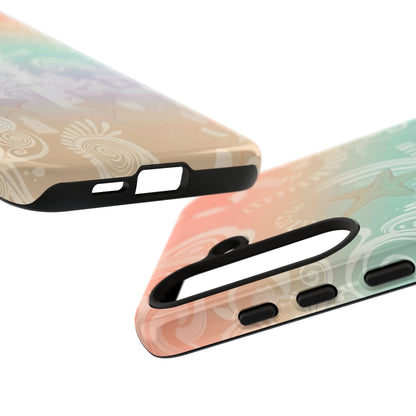 Tough Cases: Pastel Beach Pattern Phone Case — Starfish & Coastal Cityscape Protective Cover
