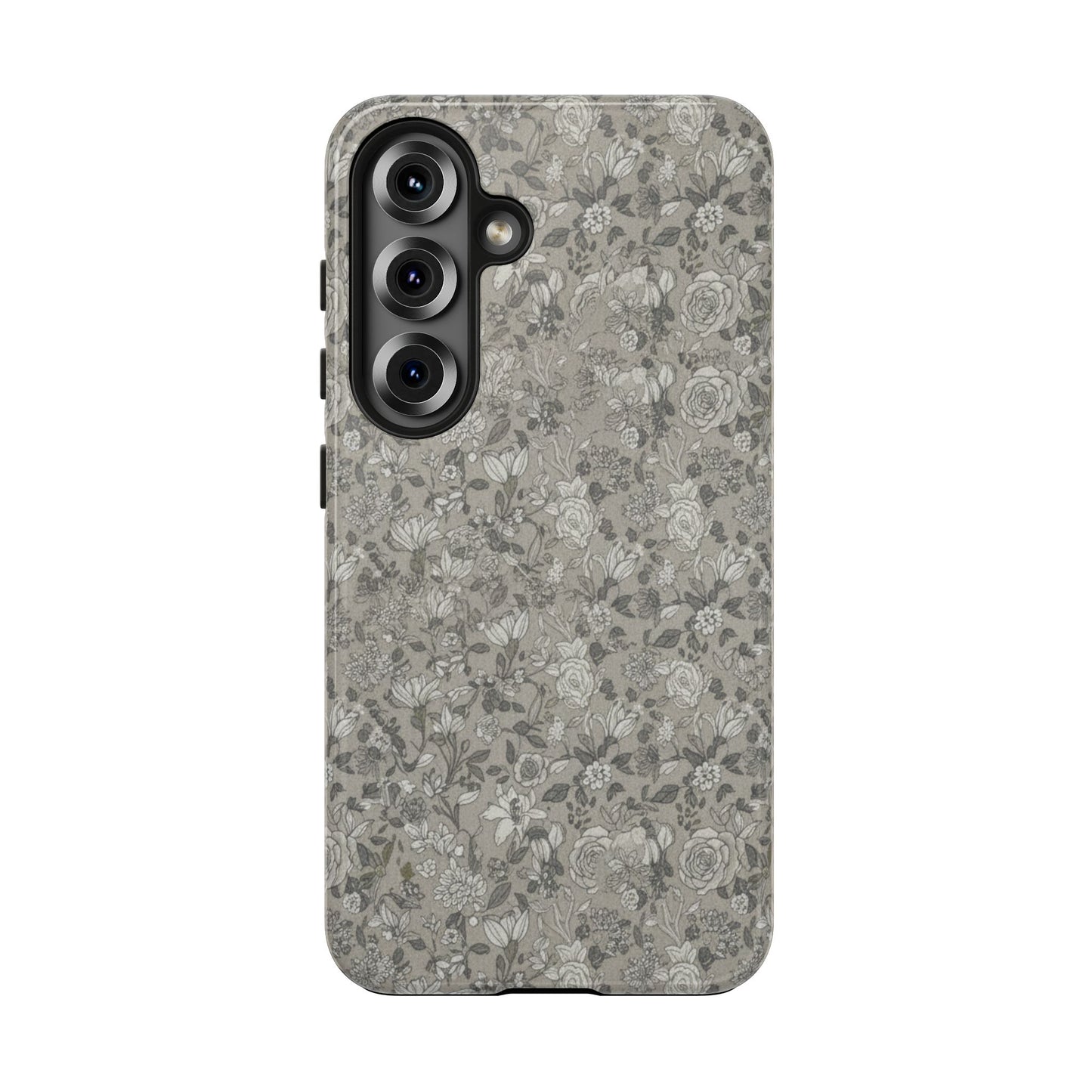 Gray Floral Tough Phone Case — Durable Protective Phone Cover with Vintage Botanical Pattern