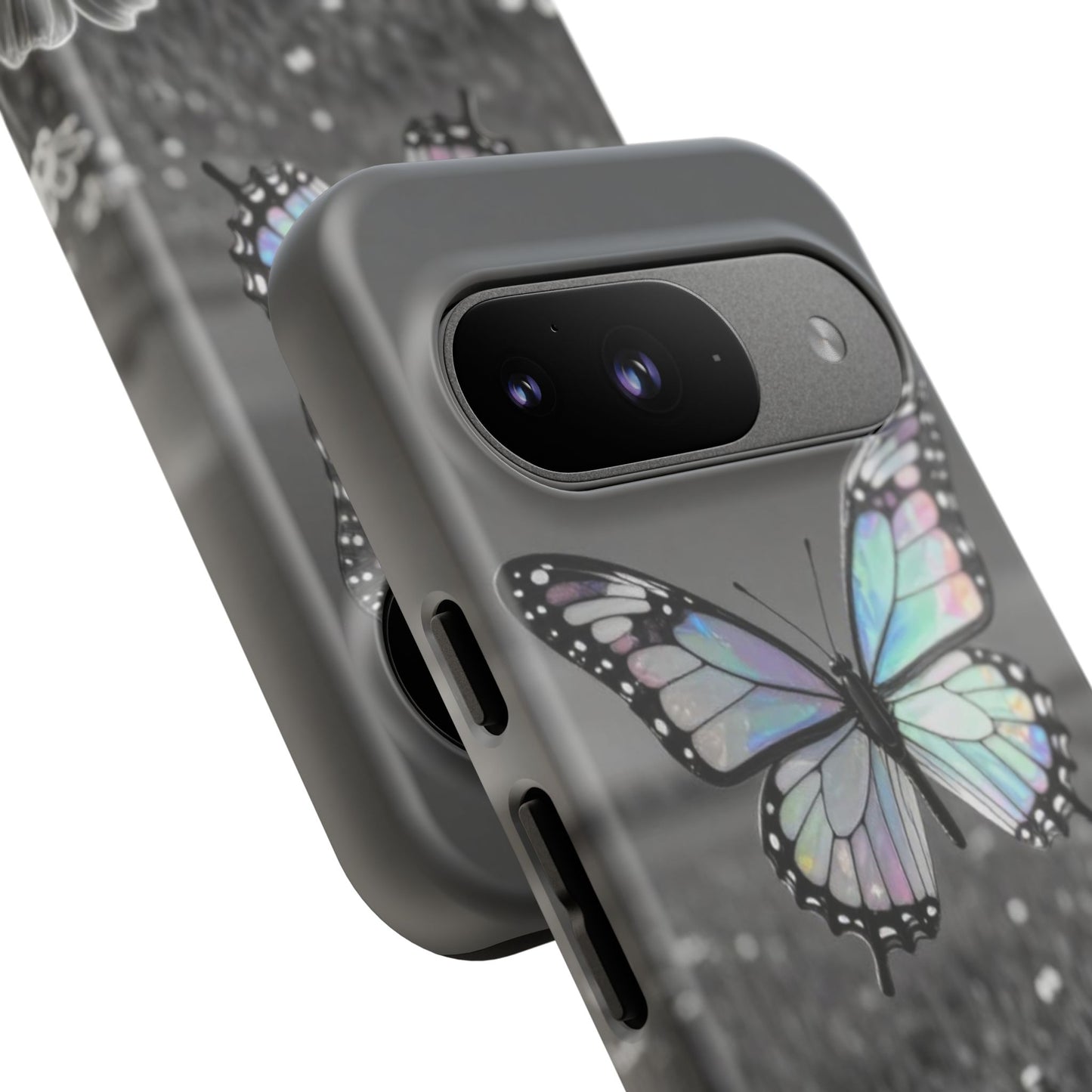 Butterfly Field Tough Phone Case — Pastel Holographic Butterfly on Black & White Floral Background
