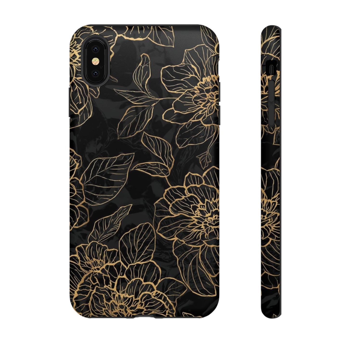 Floral Gold Outline Tough Phone Case – Black Botanical Protective Cover