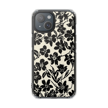 Clear Magnetic Phone Case — Black Floral Silhouette Design