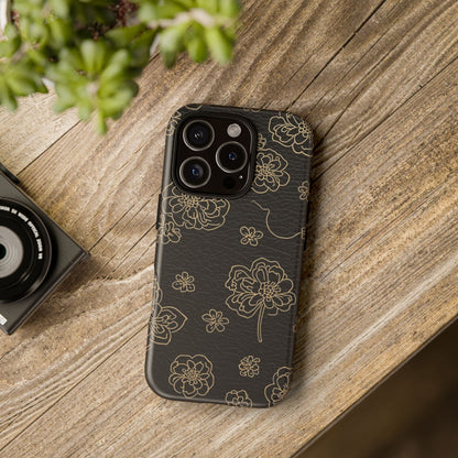 Floral Leather-Texture Tough Case – Black Gold Outline Phone Cover