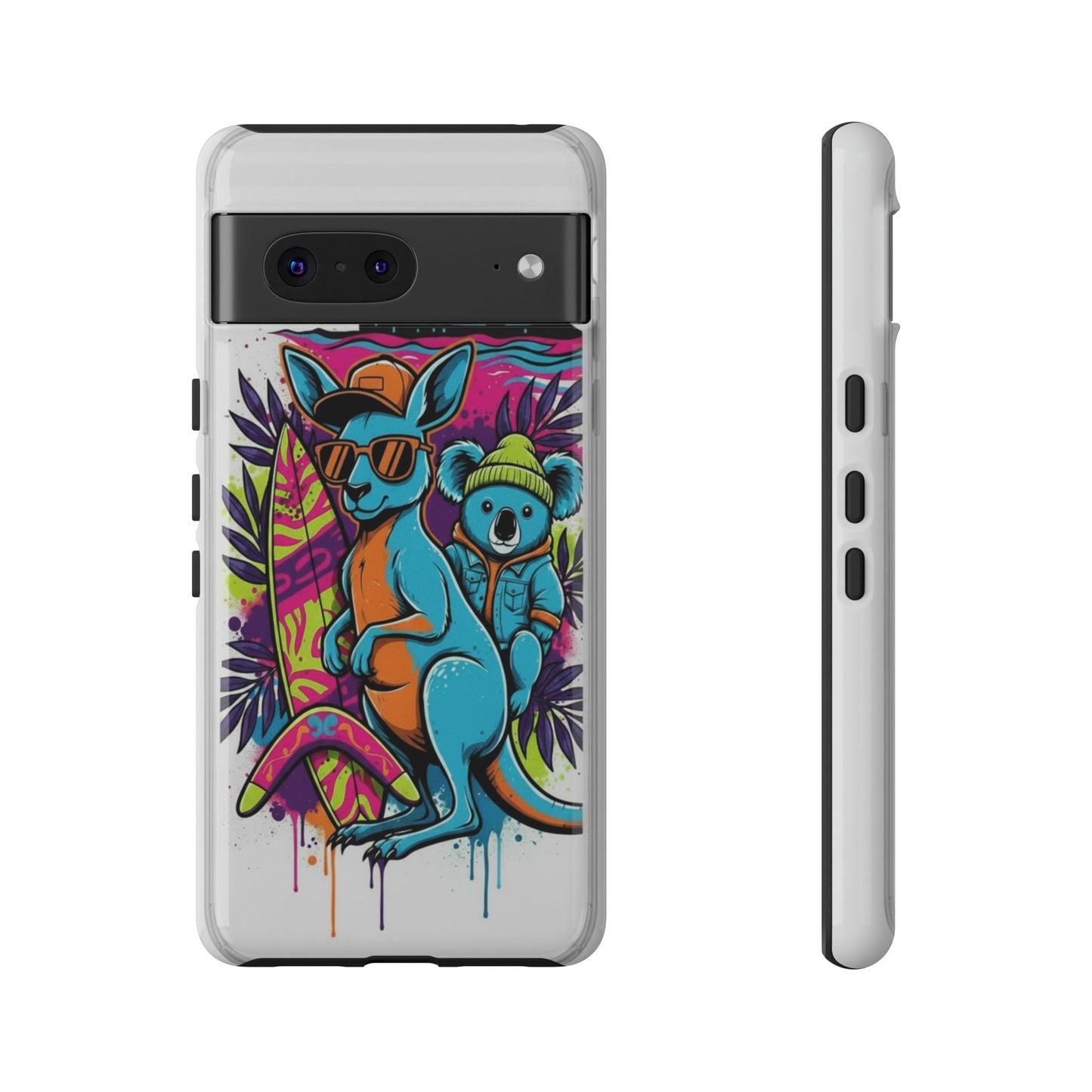 Kangaroo & Koala Surf Phone Case — Retro Neon Beach Art Tough Case