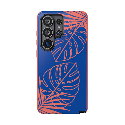 Tropical Monstera Phone Case — Blue & Coral Leaf Protective Cover