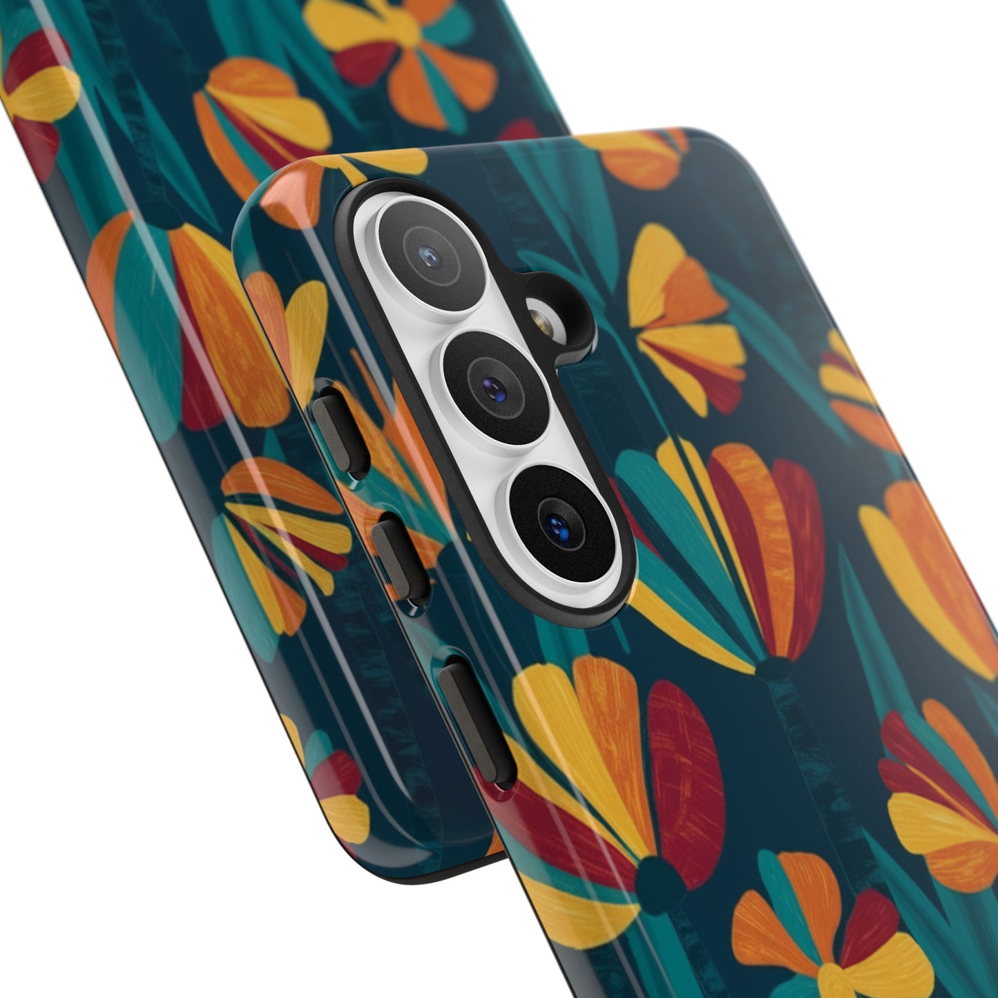 Floral Retro Teal Tough Phone Case — Vibrant Orange & Mustard Blooms