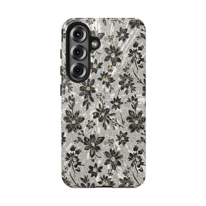 Floral Vintage Tough Phone Case — Black & Gray Rustic Flower Protective Case