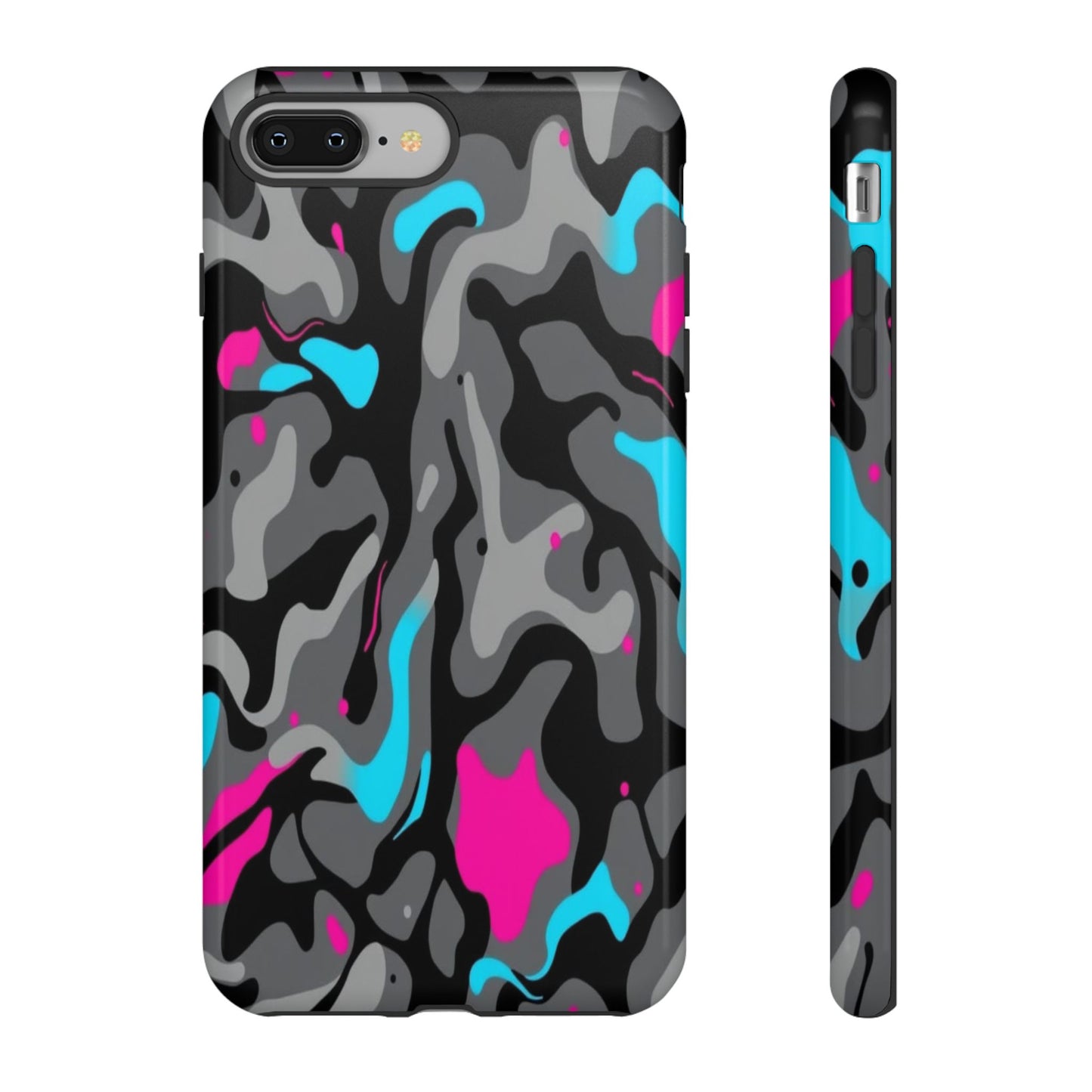 Camouflage Phone Case — Gray Camo with Neon Pink & Cyan Accent Tough Protective Cover