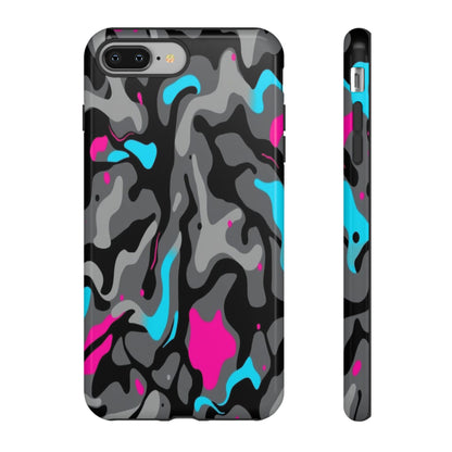 Camouflage Phone Case — Gray Camo with Neon Pink & Cyan Accent Tough Protective Cover