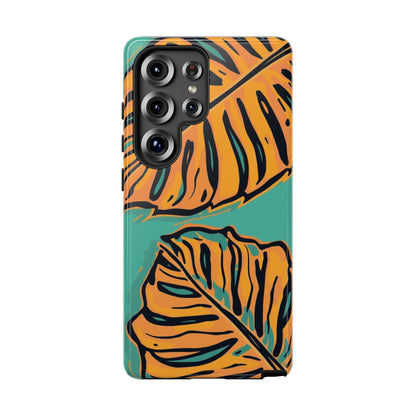 Tropical Leaf Tough Phone Case — Orange Monstera Design on Teal