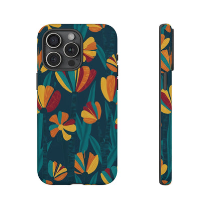 Floral Retro Teal Tough Phone Case — Vibrant Orange & Mustard Blooms