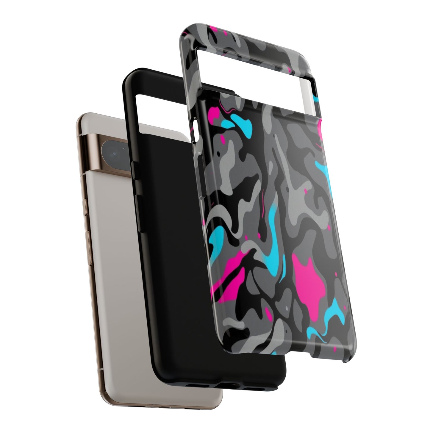 Camouflage Phone Case — Gray Camo with Neon Pink & Cyan Accent Tough Protective Cover