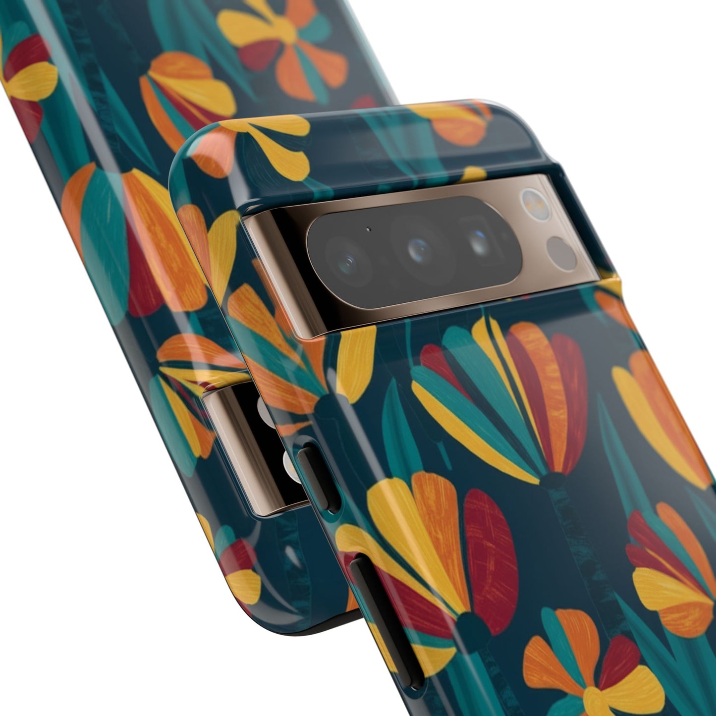Floral Retro Teal Tough Phone Case — Vibrant Orange & Mustard Blooms