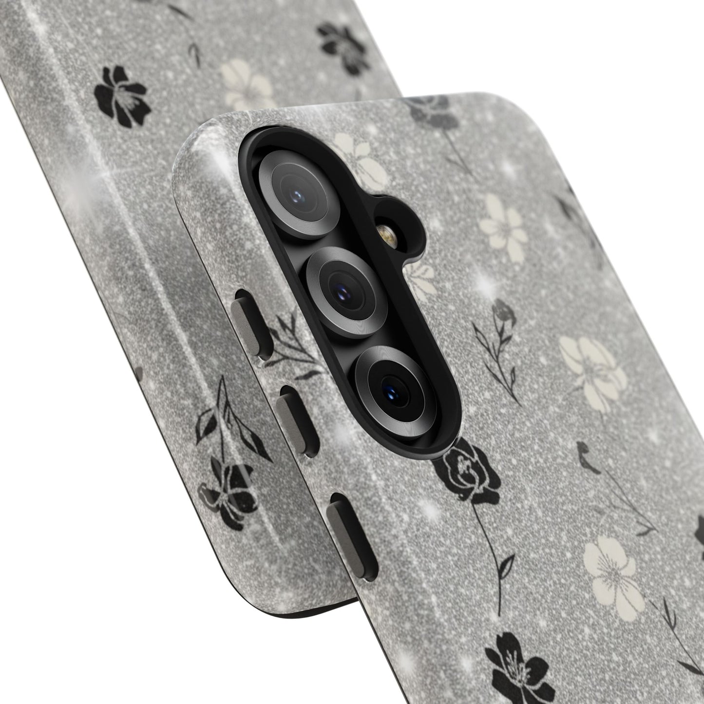 Floral Glitter Tough Phone Case — Black & Silver Vintage Flower Protective Cover