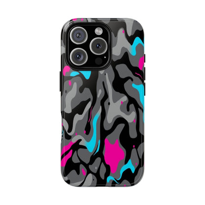 Camouflage Phone Case — Gray Camo with Neon Pink & Cyan Accent Tough Protective Cover