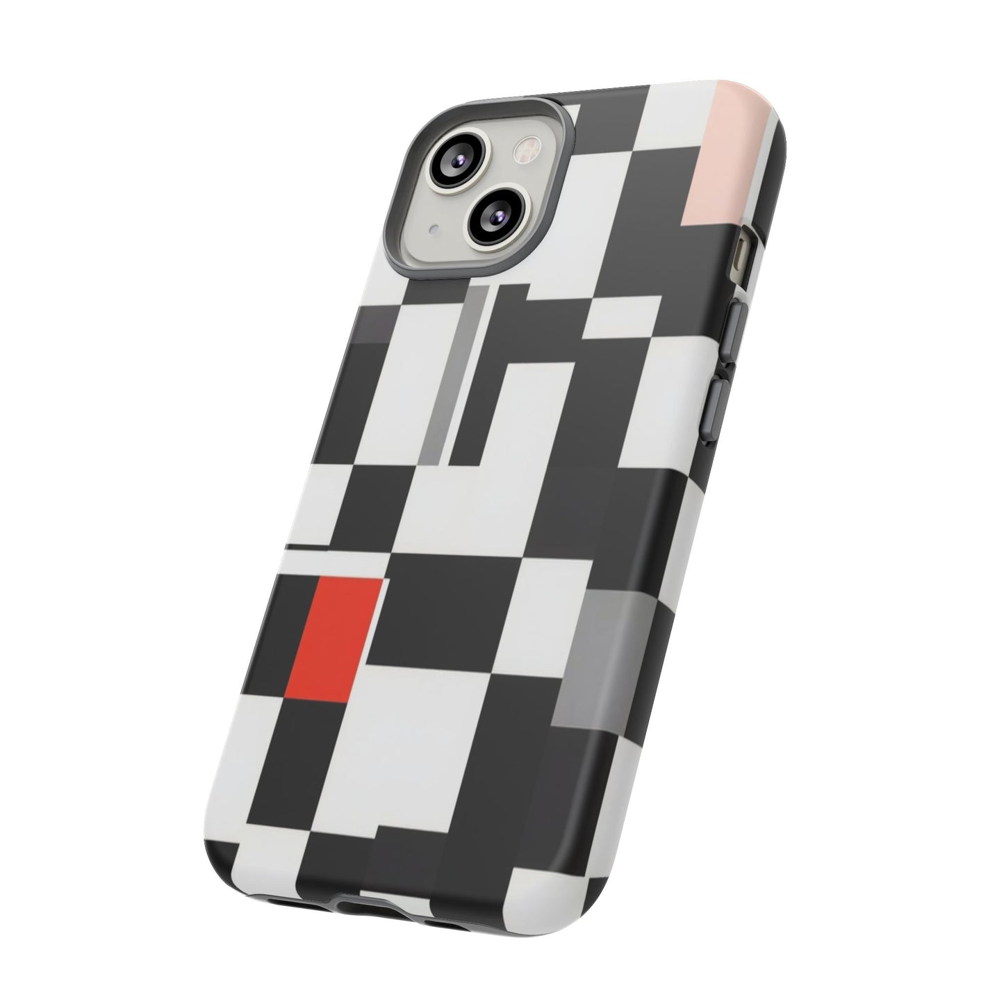 Abstract Geometric Phone Case – Black & White Checker Grid with Red Accent