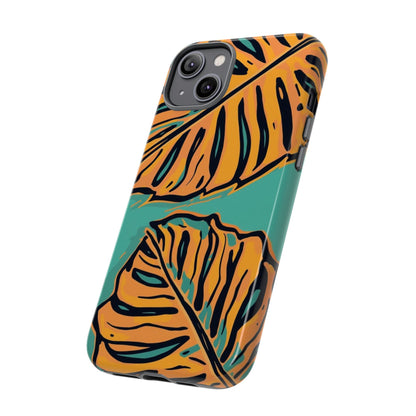 Tropical Leaf Tough Phone Case — Orange Monstera Design on Teal