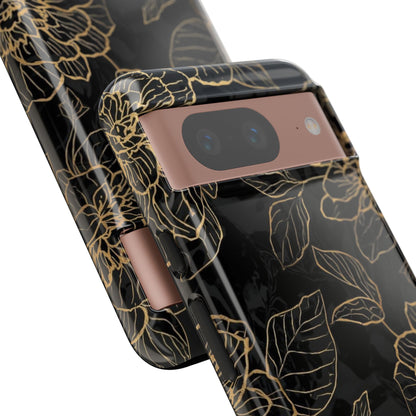 Floral Gold Outline Tough Phone Case – Black Botanical Protective Cover