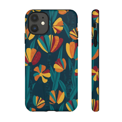 Floral Retro Teal Tough Phone Case — Vibrant Orange & Mustard Blooms