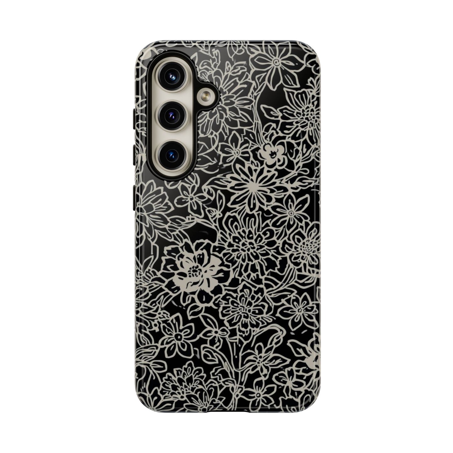 Floral Doodle Tough Phone Case — Black & White Sketch Flower Protective Cover