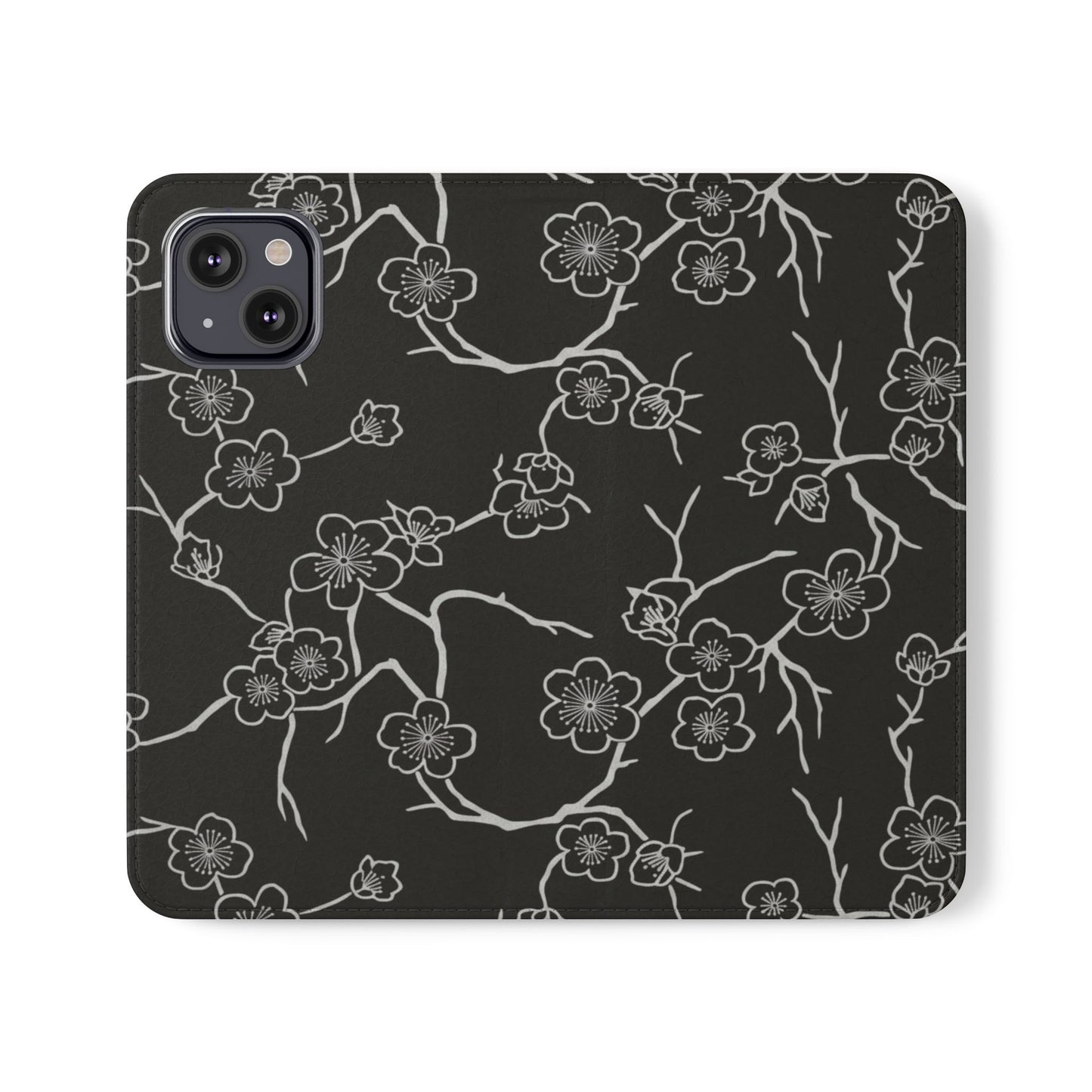 Black Cherry Blossom Flip Phone Case – Floral Wallet Flip Case with Card Slots