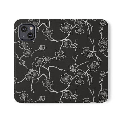 Black Cherry Blossom Flip Phone Case – Floral Wallet Flip Case with Card Slots