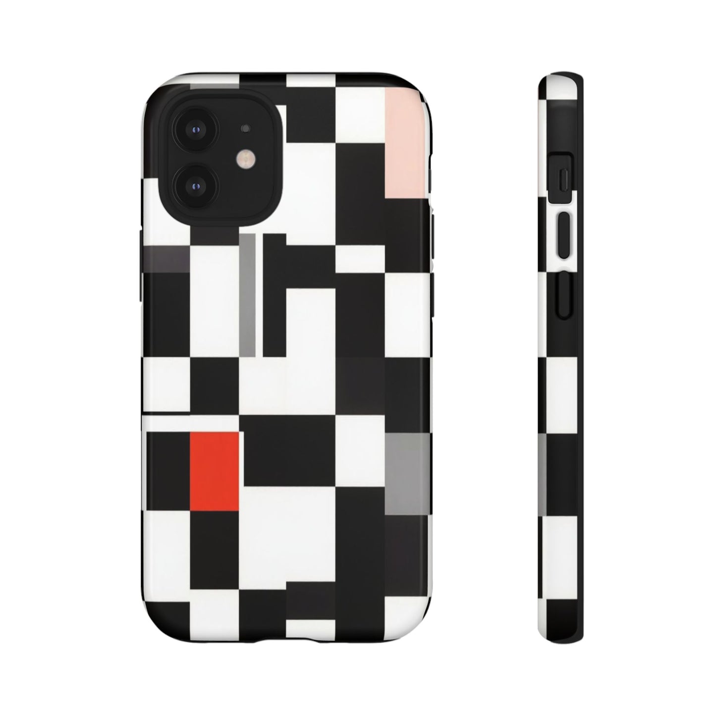 Abstract Geometric Phone Case – Black & White Checker Grid with Red Accent