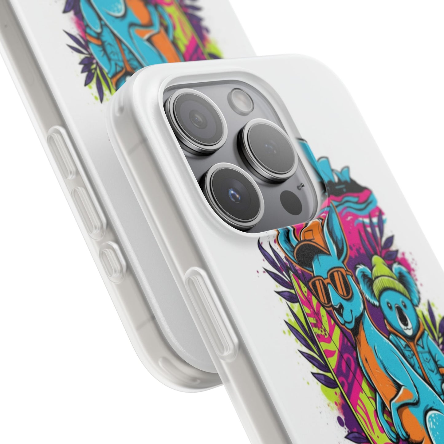 Kangaroo & Koala Surf Phone Case — Neon Aussie Beach Vibes Flexible Case